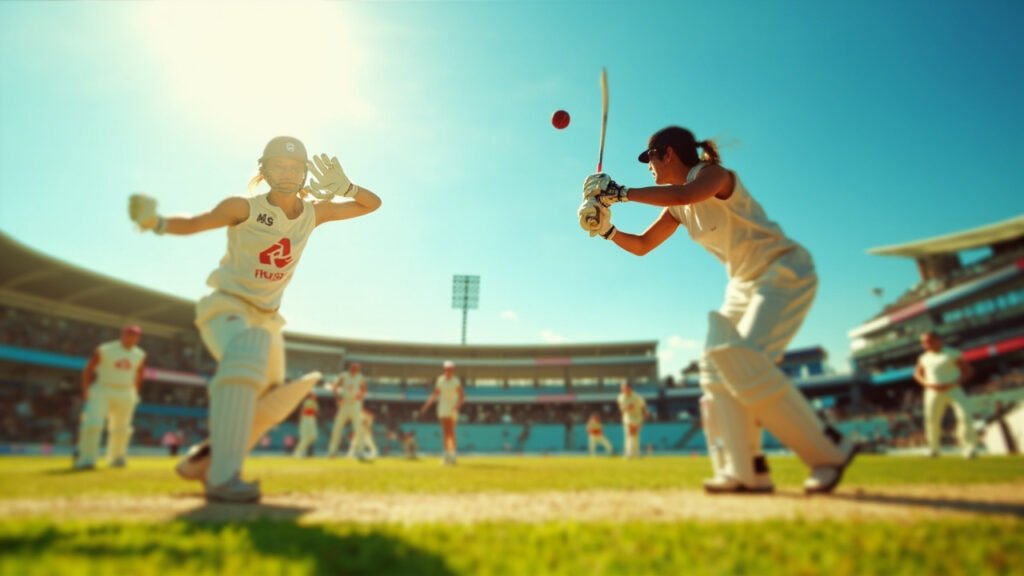 Two elite female cricketers in intense action during a World Cup qualifier match, one batting and one bowling on a sunlit field with teammates and umpires in the background