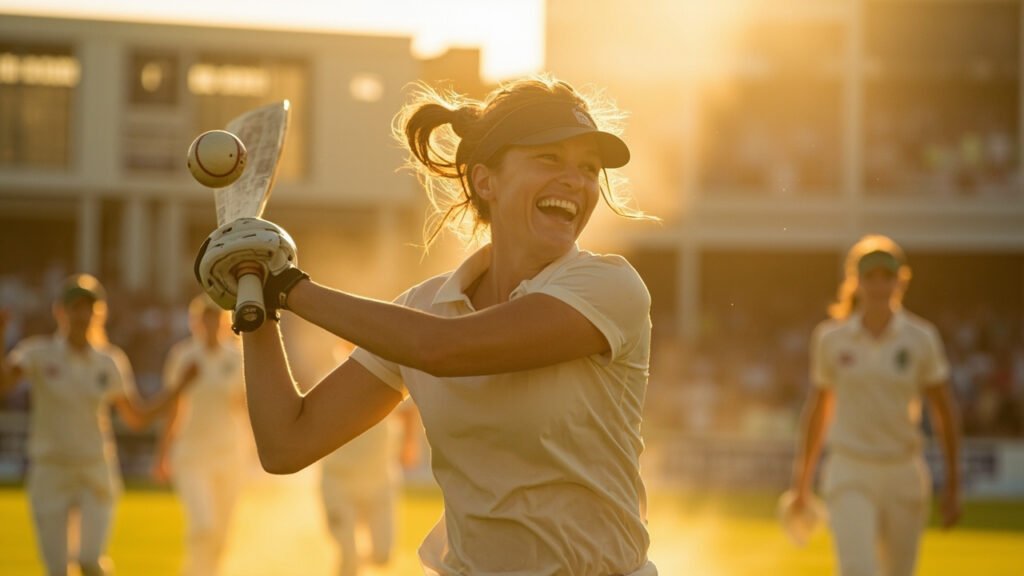 Determined female cricketer completing powerful batting follow-through in sunlit pavilion with celebrating teammates and scoreboard in background