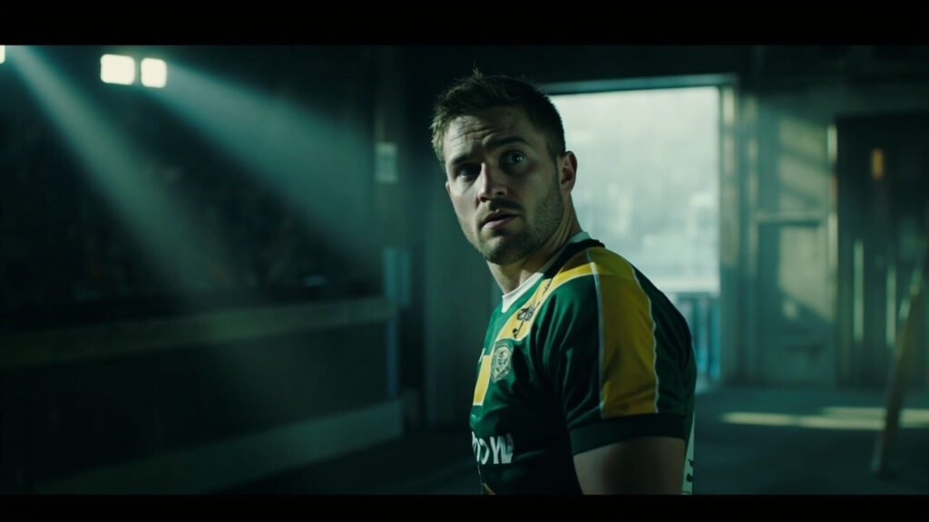 Northampton Saints rugby player Tom Pearson standing focused in a stadium tunnel before an away match, with natural light creating soft shadows