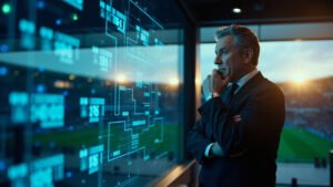Football pundit standing beside illuminated AI interface showing Premier League fixtures in modern broadcast studio with stadium view at dusk