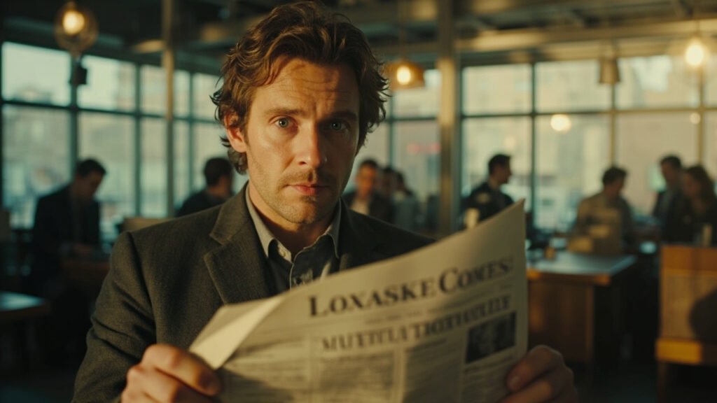 Domhnall Gleeson as newspaper editor reviewing front page in bustling newsroom with natural lighting and cinematic grain