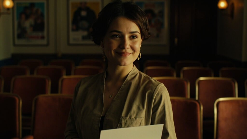 Aimee Lou Wood standing confidently in a cozy film club surrounded by movie posters and empty cinema chairs, holding a script for her new BBC series Film Club