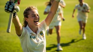Cricketer Alice Capsey celebrating with raised bat as teammates Sophia Dunkley and Emma Lamb congratulate her on the pitch under stadium lights