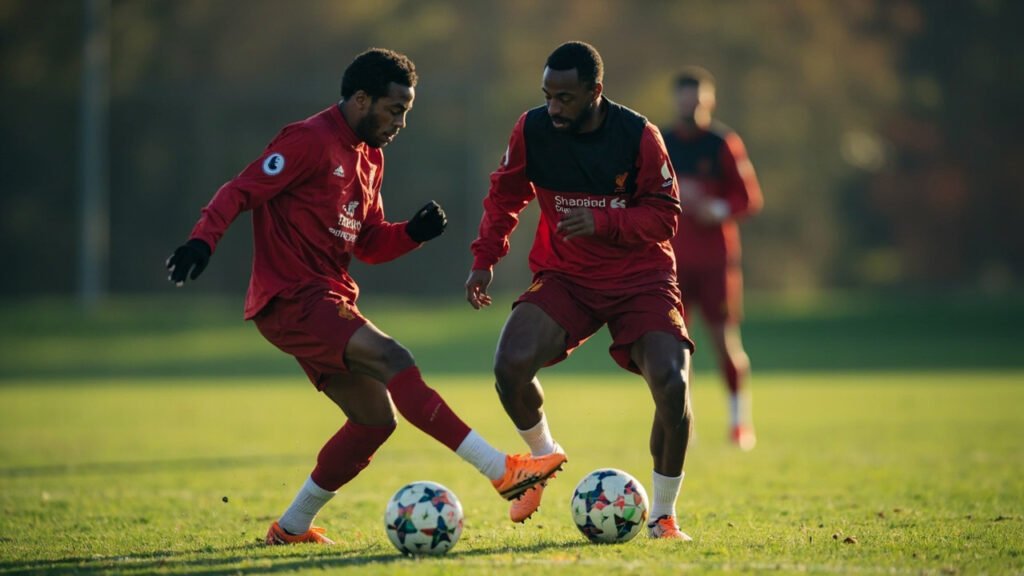 Liverpool forwards Hugo Ekitike and Alexander Isak in intense training competition during finishing drill