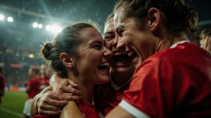 Canadian women's rugby team celebrating in emotional huddle after World Cup semi-final victory over New Zealand on rain-slicked pitch