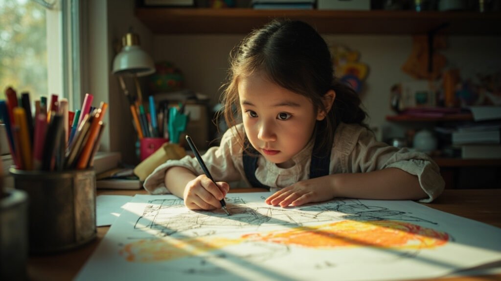 Animation Career Guide: Banbury Teenage Animator Nominated for Disney-Sponsored Award 3 11-year-old girl animator drawing storyboard in creative workspace, with vibrant hand-drawn colors fading to muted grayscale palette