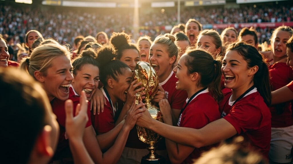 England women's rugby team celebrating with World Cup trophy at Twickenham stadium, looking towards young girls in the stands