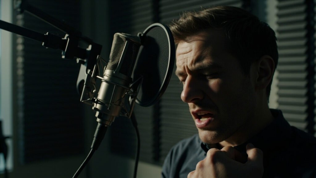 Voice actor delivering emotional performance in recording studio with microphone, focused expression and natural lighting