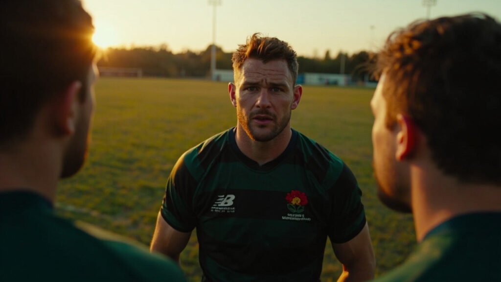 Northampton Saints rugby player Tommy Freeman in focused huddle with teammates on training field at dusk