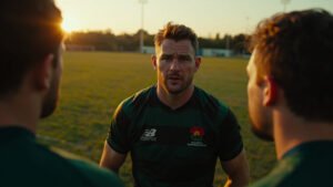 Northampton Saints rugby player Tommy Freeman in focused huddle with teammates on training field at dusk