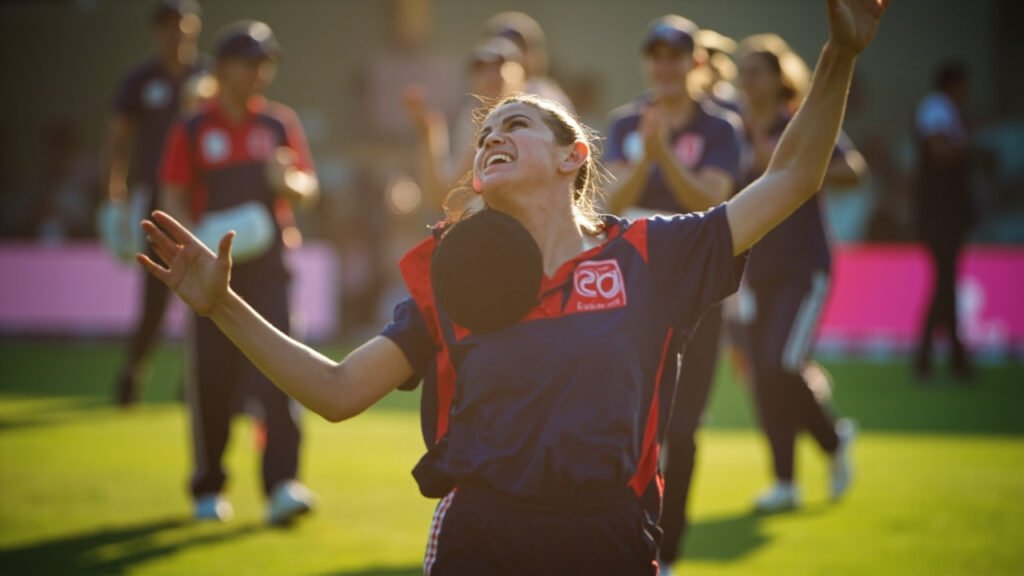 Pakistan v England Cricket: Women's World Cup 2025 - Alice Capsey and Sarah Glenn lead England to victory over Australia in warm-up match 3 England cricketer Alice Capsey celebrating her unbeaten 88 runs on the cricket pitch in Bengaluru with teammates cheering in background