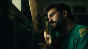 Kiran Carlson holding a cricket bat in a Glamorgan locker room with blurred teammates in background
