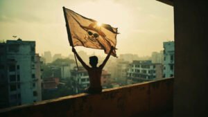 Young Indonesian person solemnly hanging a One Piece Jolly Roger flag with straw-hatted skull on a balcony in Jakarta during golden hour