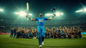 Indian cricketer Tilak Varma celebrating match-winning innings as teammates rush onto field during Asia Cup final in Dubai stadium under floodlights