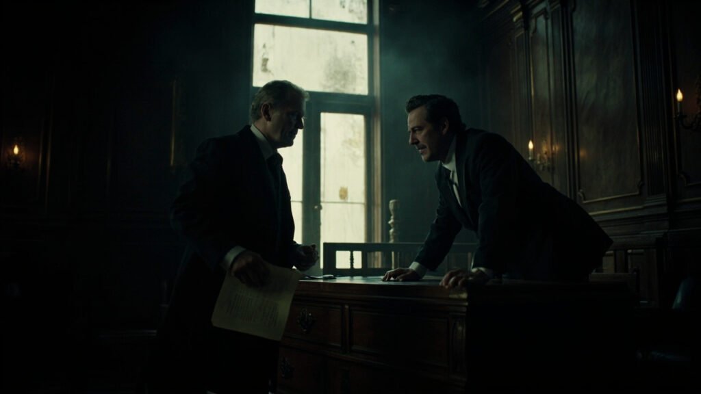 Historical drama series: 'A lot juicier than Downton Abbey' - House of Guinness 3 Two well-dressed 19th-century brothers in tense confrontation in a dimly lit brewery office, with natural light highlighting their strained dynamic