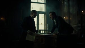 Two well-dressed 19th-century brothers in tense confrontation in a dimly lit brewery office, with natural light highlighting their strained dynamic