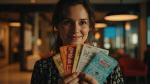 Person holding physical movie tickets for Snow White, Mickey 17, and The Electric State in a modern cinema setting