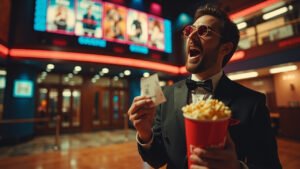 Person browsing cinema marquee with ticket and popcorn, surrounded by diverse movie titles under theater lobby lighting