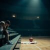 Dejected British basketball player sitting alone on bleachers in dark empty arena with national team jersey cast aside on court