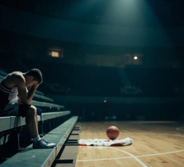 Dejected British basketball player sitting alone on bleachers in dark empty arena with national team jersey cast aside on court