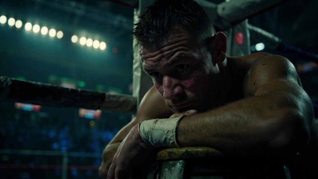 British boxer David Allen sitting exhausted on his corner stool after a tough fight at Sheffield Arena, showing emotional determination with dramatic ring lighting