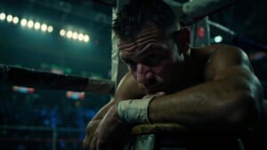 British boxer David Allen sitting exhausted on his corner stool after a tough fight at Sheffield Arena, showing emotional determination with dramatic ring lighting