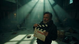 Distressed film director holding clapperboard with red 100% tariff notice on silent, abandoned soundstage