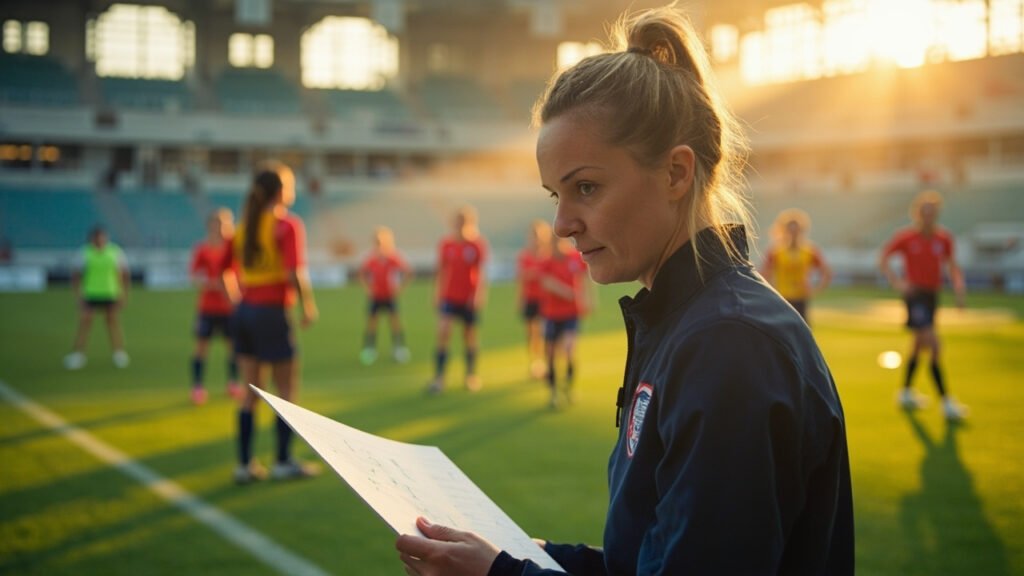 England manager Sarina Wiegman studying tactics board while young female footballers train in background at sunlit training facility