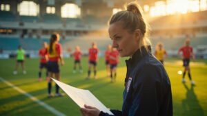 England manager Sarina Wiegman studying tactics board while young female footballers train in background at sunlit training facility