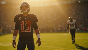 Tampa Bay Buccaneers quarterback in pocket scanning field with dejected Baltimore Ravens player in background under stadium lighting