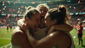 England women's rugby team celebrating World Cup victory on pitch with confetti and emotional embraces