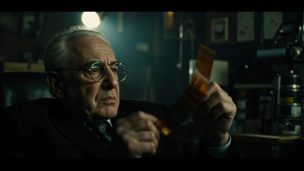 Martin Scorsese in dim film editing suite intensely studying classic film reel with cinematic lighting and shallow depth of field