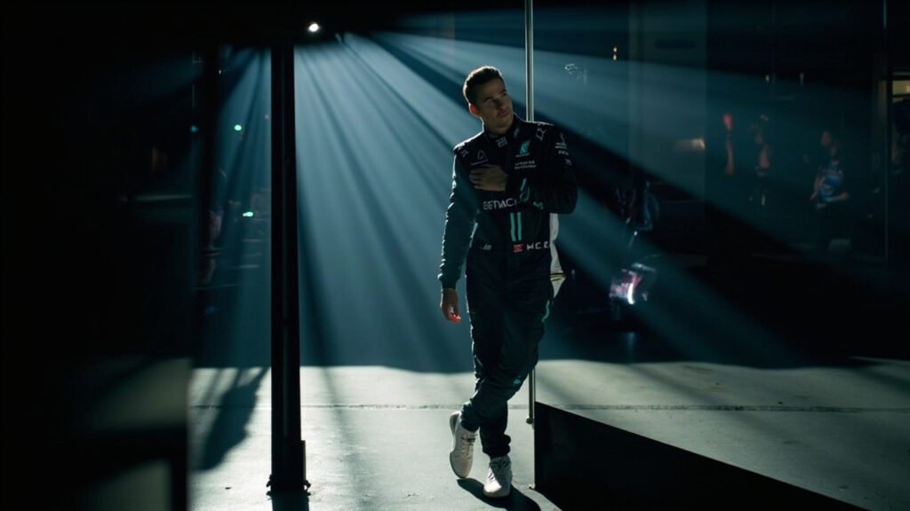 George Russell leaning against a Mercedes race car in team garage wearing driver suit, looking contemplatively into distance with soft natural light casting shadows