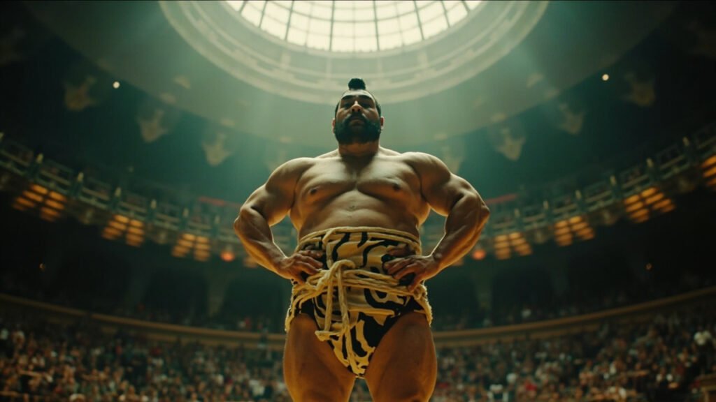 Sumo wrestler in mawashi belt standing on dohyo ring in empty Royal Albert Hall, looking out with soft natural light from dome illuminating the historic venue