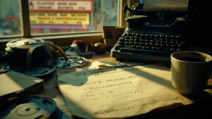 Film critic's cluttered desk with 2025 Movie Recommendations list in focus, cinema marquee displaying Weapons and Materialists in background