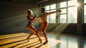 Drag queen La Voix and dance partner Aljaž Škorjanec in focused rehearsal in bright dance studio, captured mid-movement with natural window light