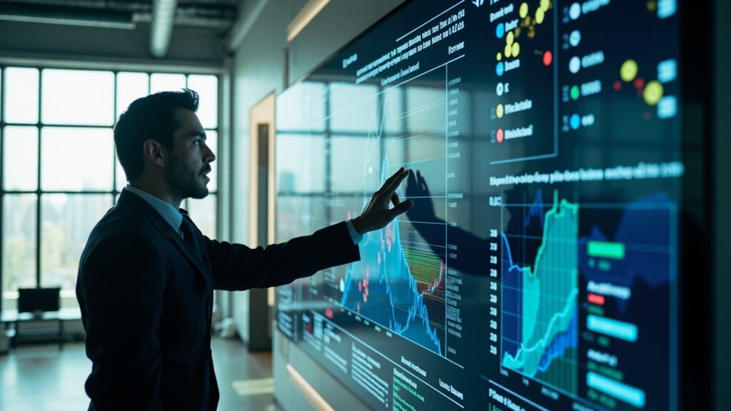 Data analyst pointing to large screen displaying complex expected goals charts and Premier League team statistics in modern office
