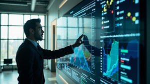 Data analyst pointing to large screen displaying complex expected goals charts and Premier League team statistics in modern office