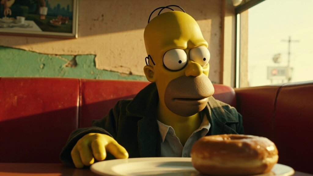 Justice League War Sequel: The Simpsons Movie returns for sequel after nearly two decades 3 Homer Simpson sitting alone in a worn-out diner booth contemplating a glazed doughnut with nostalgic smile