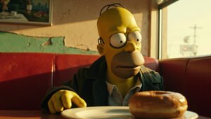 Homer Simpson sitting alone in a worn-out diner booth contemplating a glazed doughnut with nostalgic smile