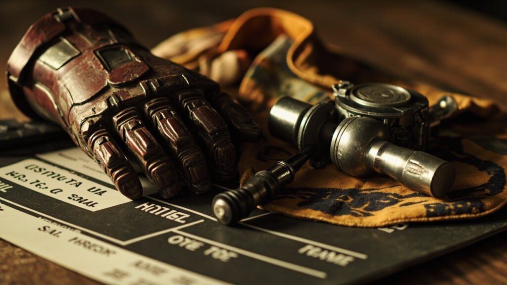 Movie props including superhero gauntlet, spy gadget, and karate headband arranged on director's clapboard under studio work light