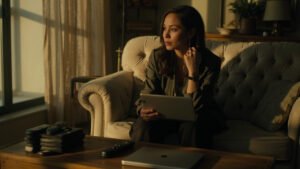 A woman sitting thoughtfully on a sofa in natural light with TV remotes and tablet on coffee table