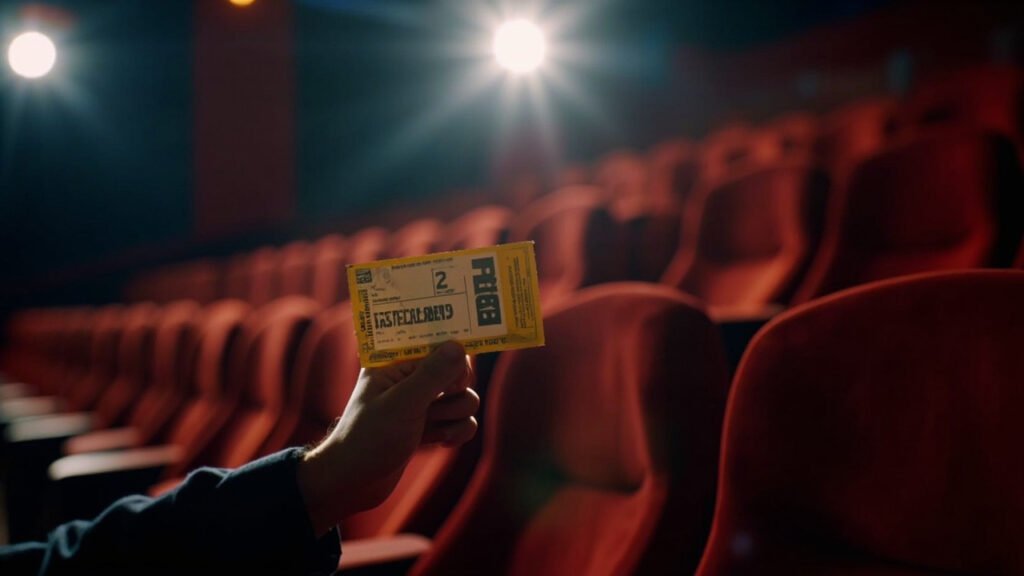 Person holding a backlit cinema ticket with soft-focus movie theater seats in background