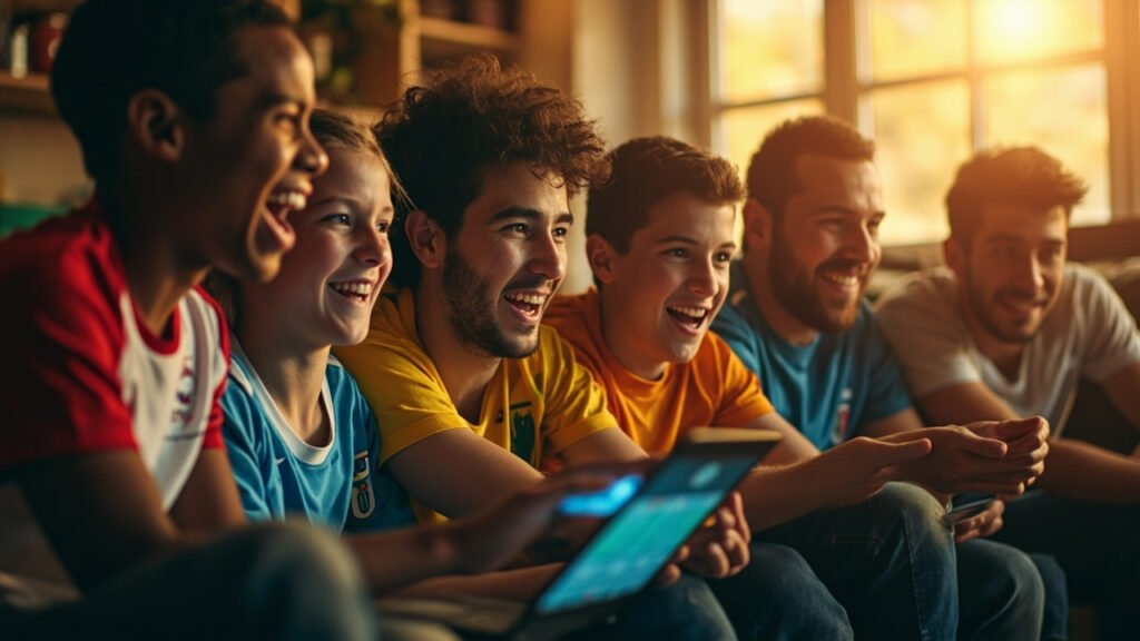 Diverse group of football fans gathered around laptop displaying FIFA World Cup 2026 ticketing webpage in sunlit living room