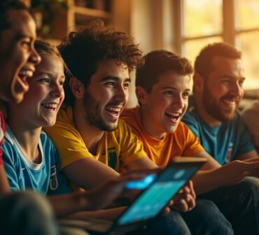 Diverse group of football fans gathered around laptop displaying FIFA World Cup 2026 ticketing webpage in sunlit living room