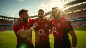 England rugby league players Mikey Lewis, Jez Litten and Joe Burgess celebrating in triumphant huddle at Wembley Stadium with sunset glow