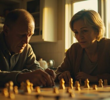Two friends playing board game at sunlit kitchen table with shallow depth of field on game pieces
