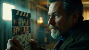 Film director looking thoughtfully at clapperboard displaying montage of sci-fi, horror, and adventure scenes in softly lit editing suite