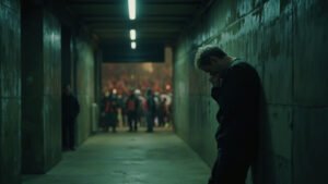 Dejected Erling Haaland leaning against concrete wall in dim tunnel after match with celebrating Monaco players blurred in background