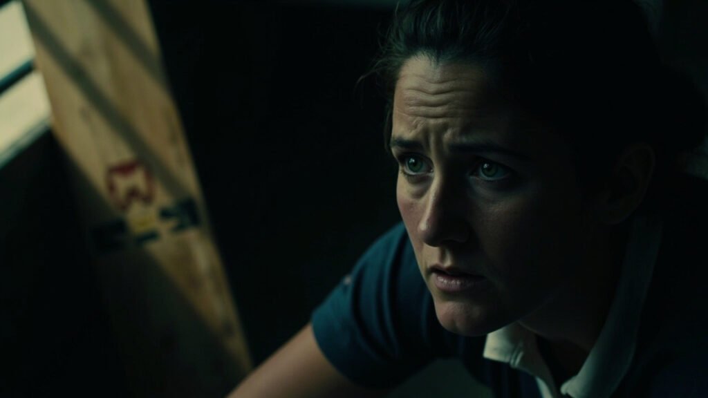 England women's cricketer in pensive moment inside dim pavilion with bat resting beside her, natural light casting soft shadows